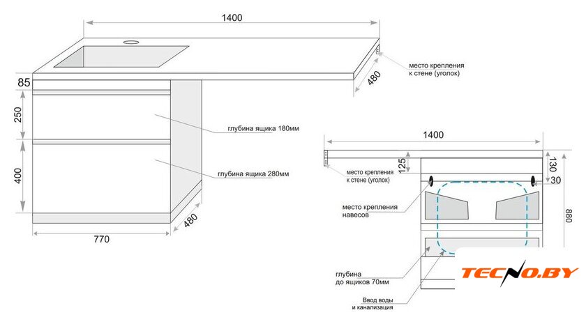  Symbolite Тумба с умывальником Даллас 140 Люкс Plus 2 ящика + Даллас 140x48.2 (левый, белый) - Изображение №13 — Интернет-Магазин TECNO.BY