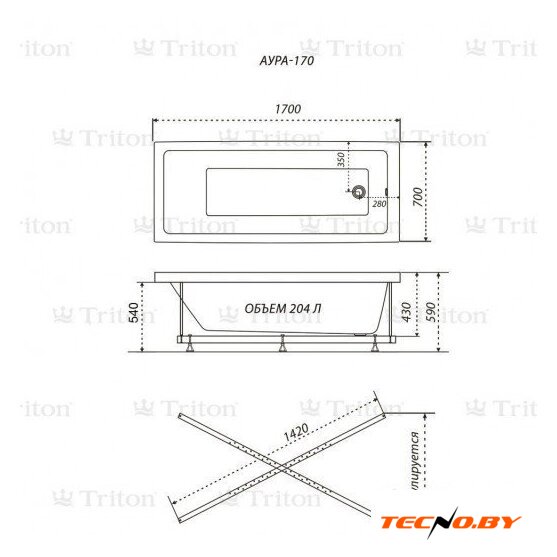 Ванна Triton Аура 170x70 (с ножками) - Изображение №2 — Интернет-Магазин TECNO.BY