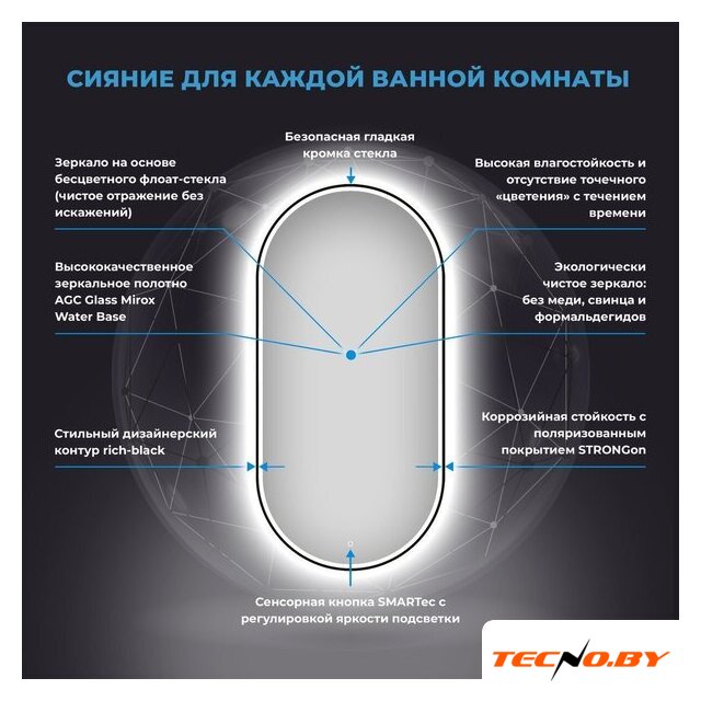  Wellsee Зеркало с фронтальной LED-подсветкой 7 Rays' Spectrum 172202030, 55 x 110 см (с сенсором и регулировкой яркости освещения) - Изображение №3 — Интернет-Магазин TECNO.BY