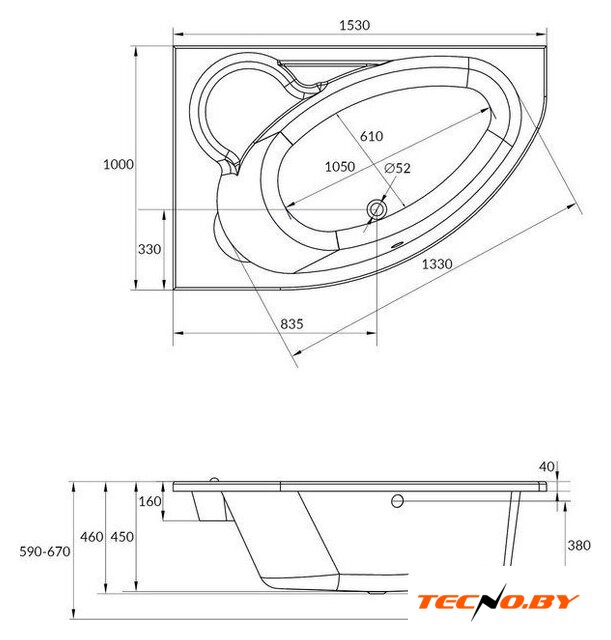 Ванна Cersanit Kaliope 153x100 R 63442 (с каркасом и сифоном Prime черный) - Изображение №10 — Интернет-Магазин TECNO.BY
