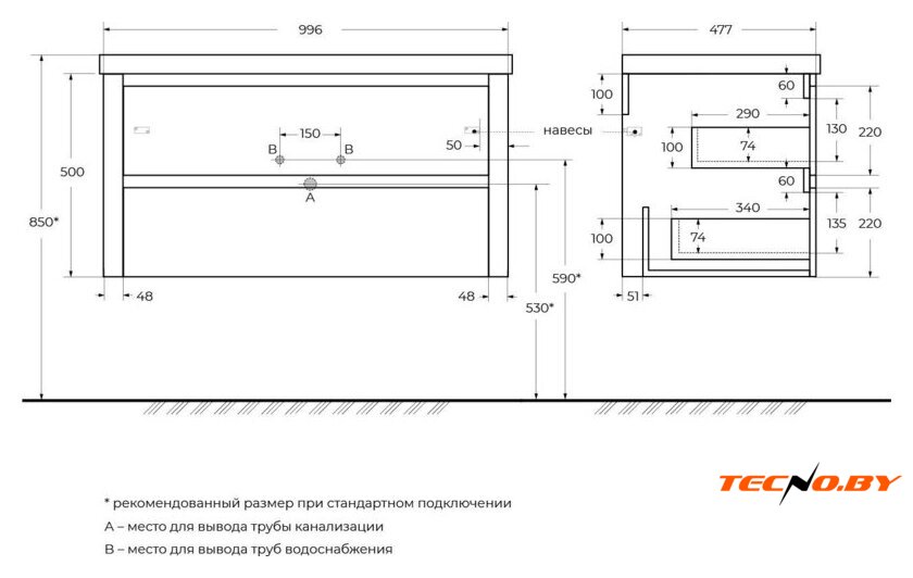  Cezares Тумба под умывальник RELAX-1000-2C-SO-BORO-P - Изображение №2 — Интернет-Магазин TECNO.BY