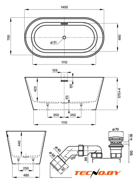 Ванна Wellsee Shell 140x70 28170101R (отдельностоящая ванна белый глянец, экран, ножки, сифон-автомат хром) - Изображение №10 — Интернет-Магазин TECNO.BY