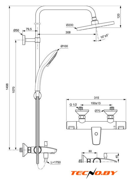 Душевая система  Ideal Standard Ceratherm T25 A7590AA - Изображение №8 — Интернет-Магазин TECNO.BY