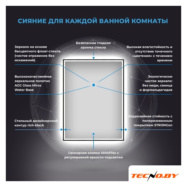  Wellsee Зеркало с фронтальной LED-подсветкой 7 Rays' Spectrum 172201220, 55 х 70 см (с сенсором и регулировкой яркости освещения) - Изображение №3 — Интернет-Магазин TECNO.BY
