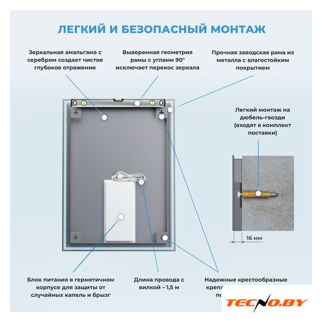  Wellsee Зеркало с фронтальной LED-подсветкой 7 Rays' Spectrum 172201220, 55 х 70 см (с сенсором и регулировкой яркости освещения) - Изображение №7 — Интернет-Магазин TECNO.BY