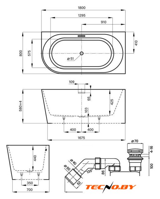 Ванна Wellsee Excellence Pro 180x80 28761203R (пристенная ванна (правая) белый глянец, экран, ножки, сифон-автомат матовый черный) - Изображение №10 — Интернет-Магазин TECNO.BY