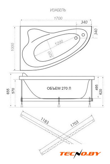 Ванна Triton Изабель 170x100 L Экстра Базовая Flat (с гидромассажем) - Изображение №2 — Интернет-Магазин TECNO.BY