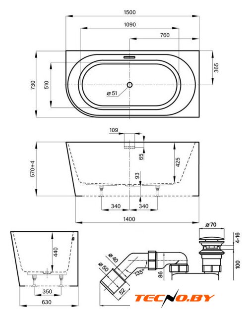 Ванна Wellsee Excellence Pro 150x73 28761001R (пристенная ванна (правая) белый глянец, экран, ножки, сифон-автомат хром) - Изображение №10 — Интернет-Магазин TECNO.BY