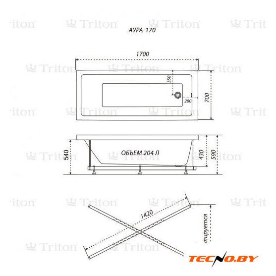 Ванна Triton Аура 170x70 Стандарт Flat (с гидромассажем) - Изображение №2 — Интернет-Магазин TECNO.BY