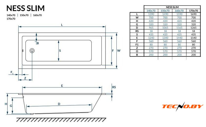 Ванна Excellent Ness Mono Slim 150x70 (с ножками) - Изображение №3 — Интернет-Магазин TECNO.BY