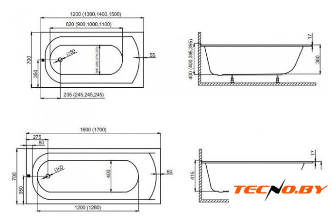 Ванна Polimat CLASSIC Slim 170x70 с ножками - Изображение №4 — Интернет-Магазин TECNO.BY