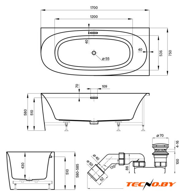 Ванна Wellsee Belle Spa 2.0 170x75 235806002 (пристенная ванна (правая) белый глянец, экран, каркас, сифон-автомат глянцевый белый) - Изображение №10 — Интернет-Магазин TECNO.BY
