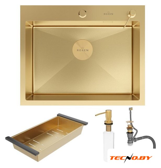 Кухонная мойка Roxen Simple 560220-60G-V золото/текстурная PVD покрытие (с коландером и дозатором) - Изображение №9 — Интернет-Магазин TECNO.BY