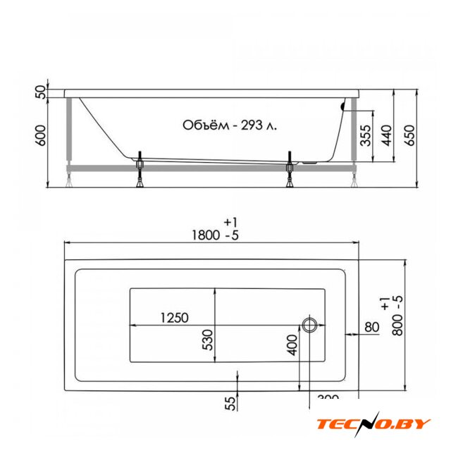 Ванна 1AcReal Palermo 180x80 (с ножками) - Изображение №2 — Интернет-Магазин TECNO.BY