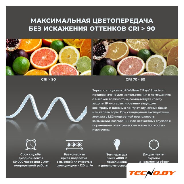  Wellsee Зеркало с фоновой LED-подсветкой 7 Rays' Spectrum 172201030, 100 х 70 см (с сенсором и регулировкой яркости освещения) - Изображение №4 — Интернет-Магазин TECNO.BY