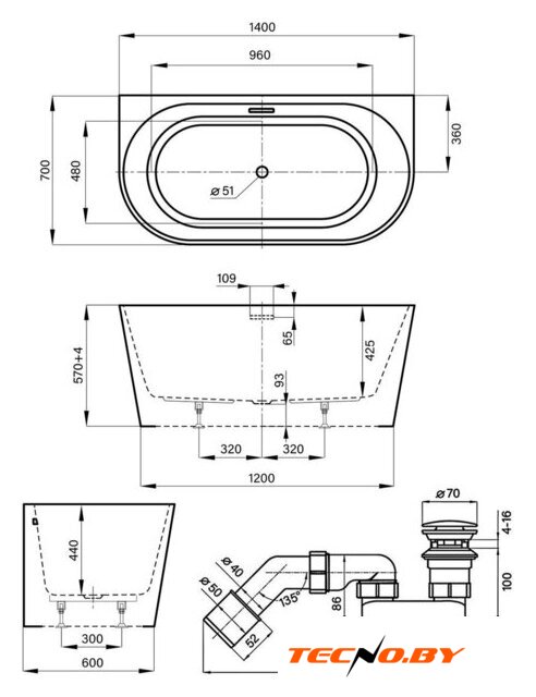 Ванна Wellsee Excellence Pro 140x70 28760104R (пристенная ванна белый глянец, экран, ножки, сифон-автомат золото) - Изображение №10 — Интернет-Магазин TECNO.BY