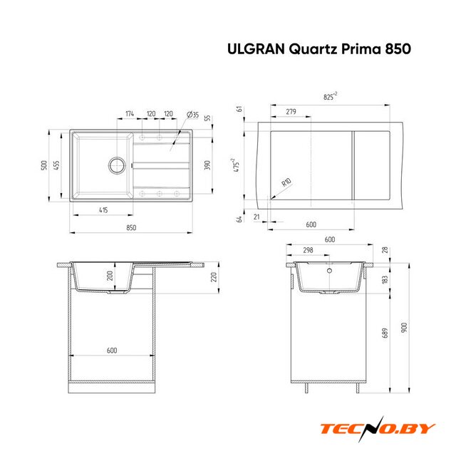 Кухонная мойка Ulgran Quartz Prima 850 (уголь) - Изображение №3 — Интернет-Магазин TECNO.BY