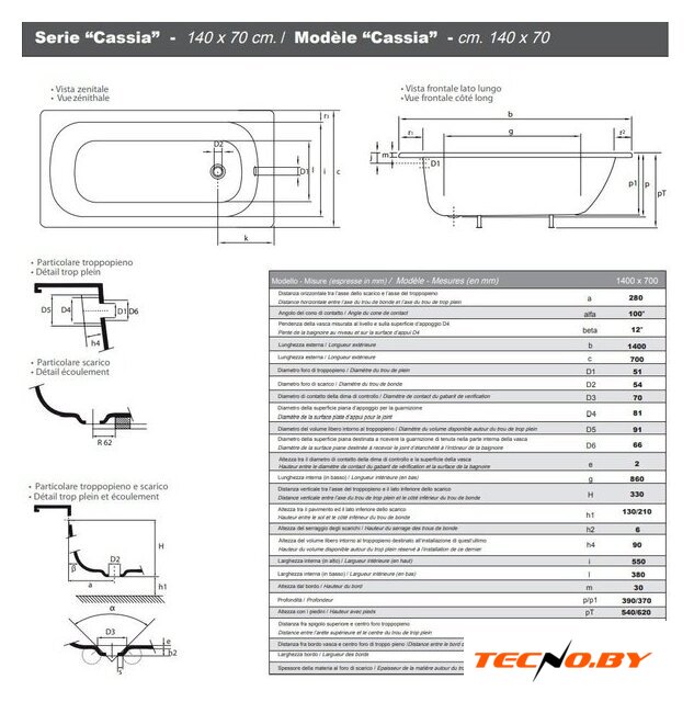 Ванна Smavit Cassia Titanium 140x70 (без ножек) - Изображение №5 — Интернет-Магазин TECNO.BY