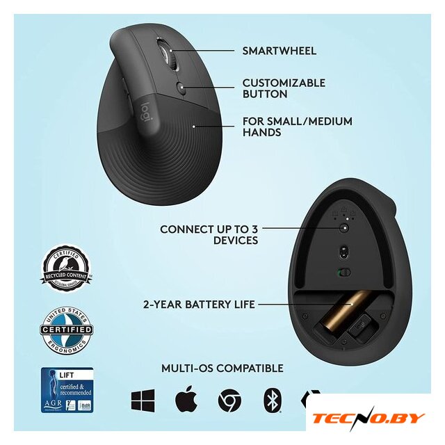 Вертикальная мышь Logitech Lift (графит) - Изображение №6 — Интернет-Магазин TECNO.BY