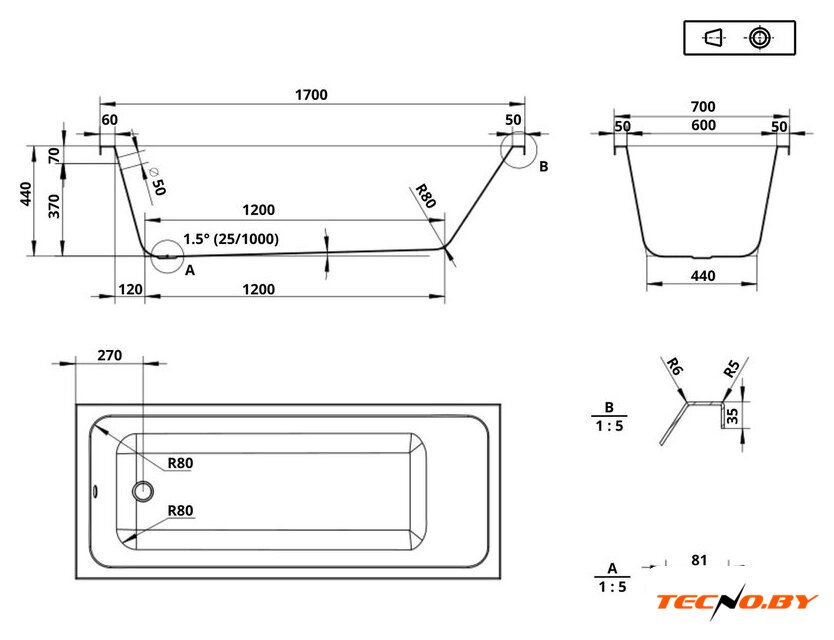 Ванна Roxen Modern 240140-1770 170x70 - Изображение №18 — Интернет-Магазин TECNO.BY
