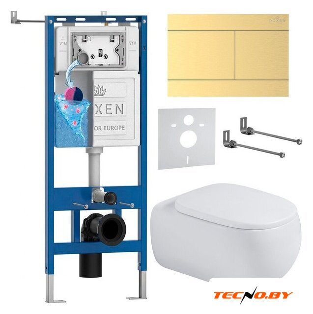 Унитаз подвесной Roxen Titan в комплекте с инсталляцией StounFix Dual Fresh 6 в 1 967232 (кнопка: золотая) - Изображение №1 — Интернет-Магазин TECNO.BY
