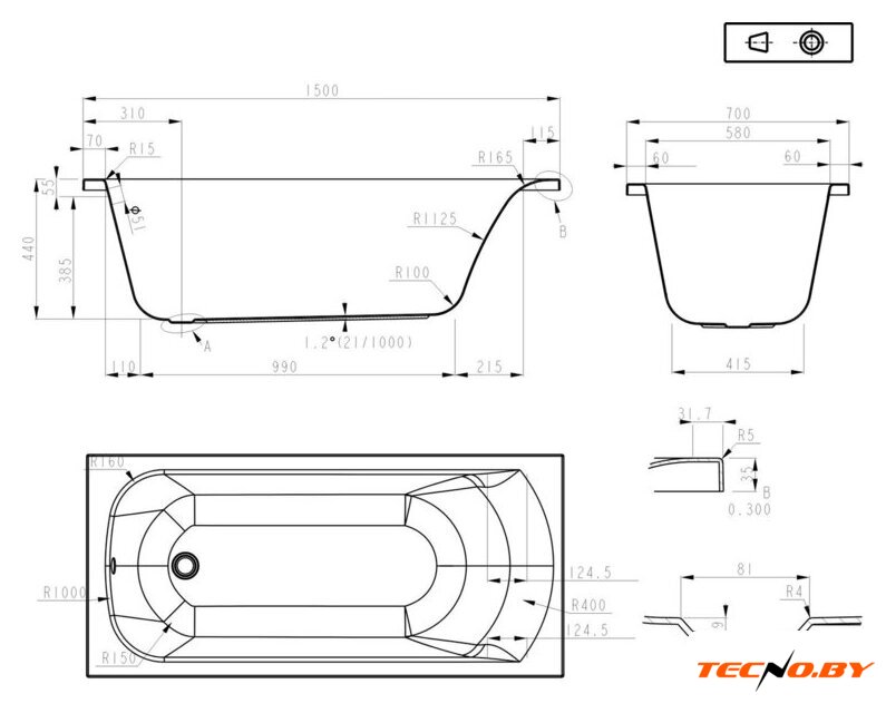 Ванна Roxen Alfa 240120-1570 150x70 - Изображение №20 — Интернет-Магазин TECNO.BY