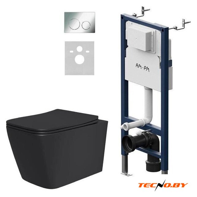 Унитаз подвесной Lauter Magdeburg 21103EC + AM.PM PrimeFit I012709.0151 (черный матовый хром глянцевый, с кнопкой смыва) - Изображение №1 — Интернет-Магазин TECNO.BY