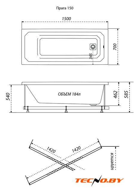 Ванна Triton Прага 150x70 (с ножками,сифоном и экраном) - Изображение №6 — Интернет-Магазин TECNO.BY