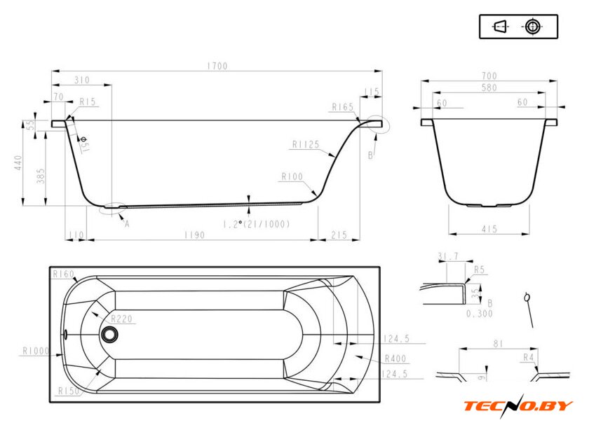 Ванна Roxen Alfa 240120-1770 170x70 - Изображение №21 — Интернет-Магазин TECNO.BY