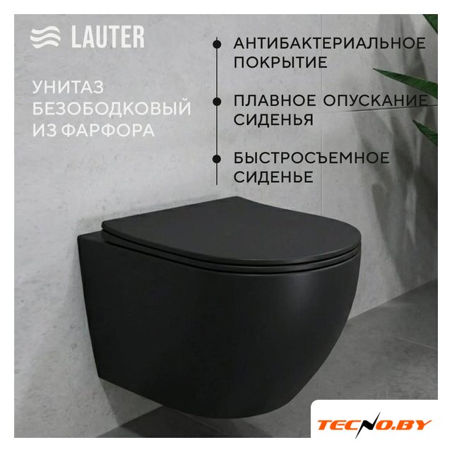 Унитаз подвесной Lauter Augsburg 21109EC + 39504000 (черный матовый с кнопкой смыва) - Изображение №2 — Интернет-Магазин TECNO.BY